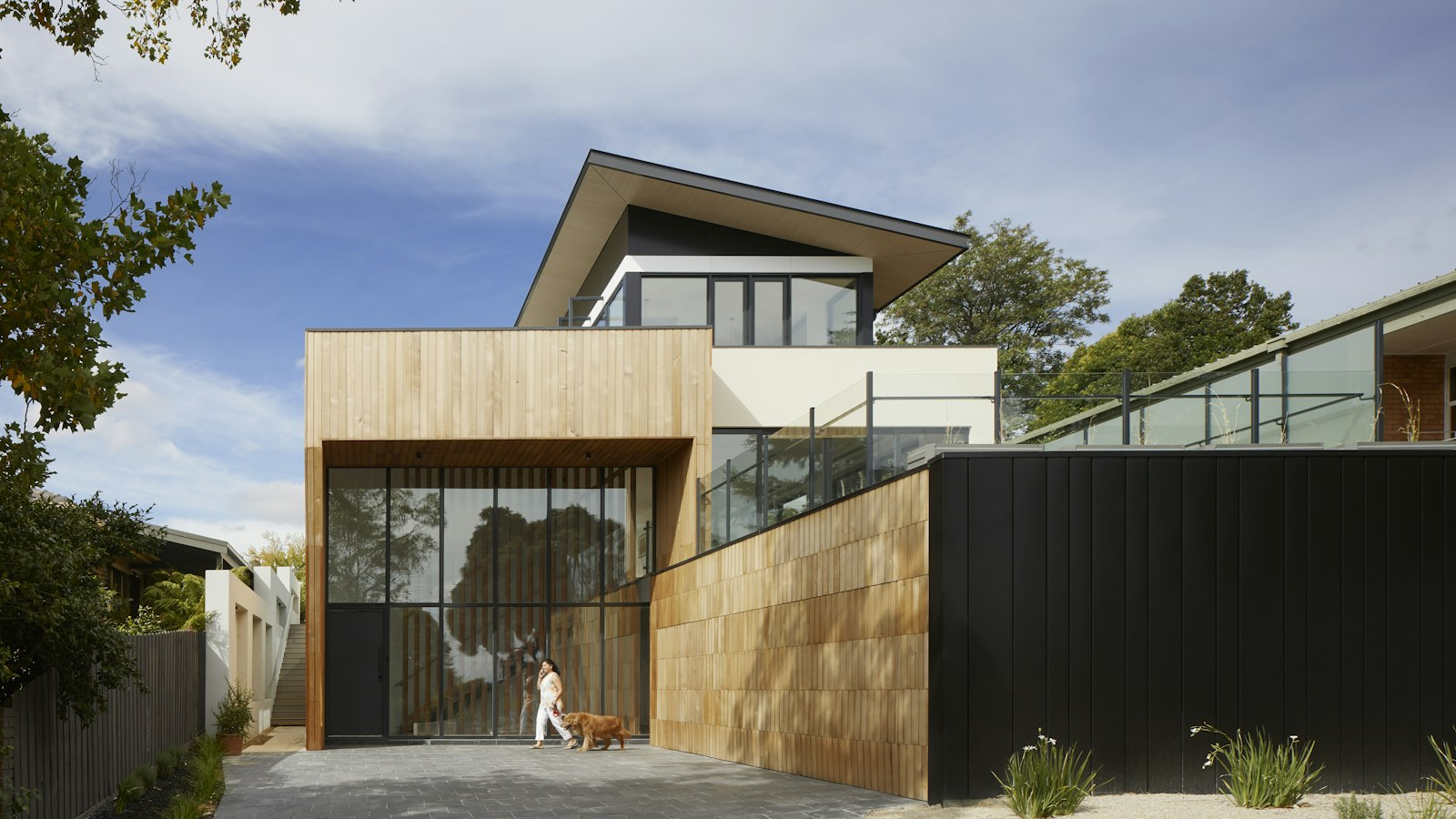 Modern house exterior with a timber-clad entrance and black metal panels