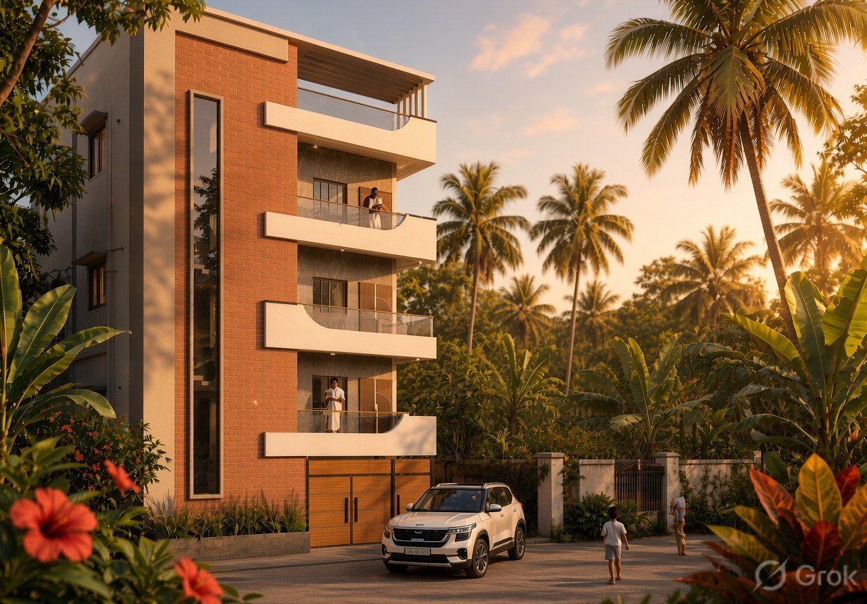 The same brick tower house in warm sunset light, with curved white balconies and a timber garage door
