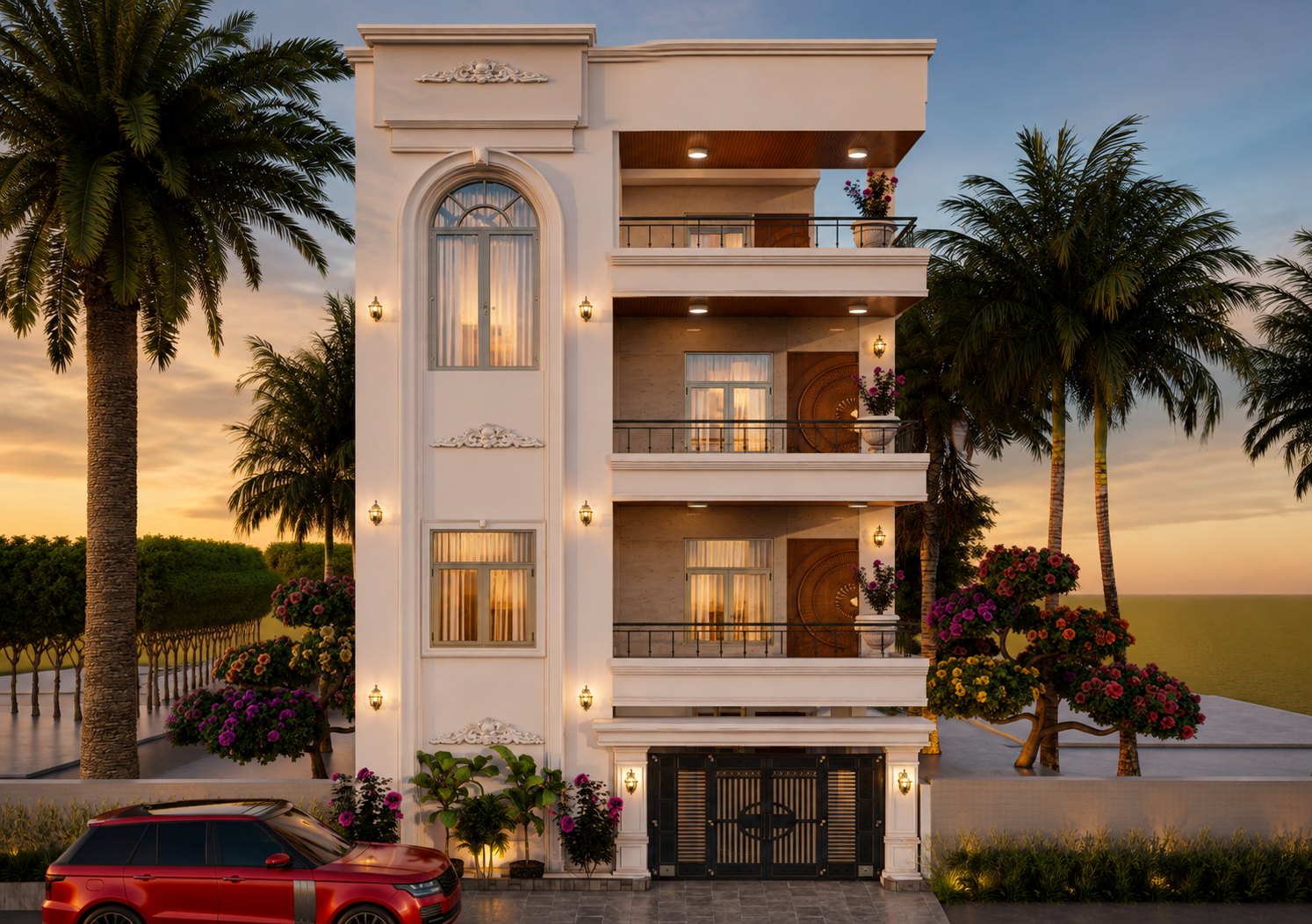The same neo-classical residence at dusk, with glowing lanterns, timber ceilings on the balconies and flowering trees