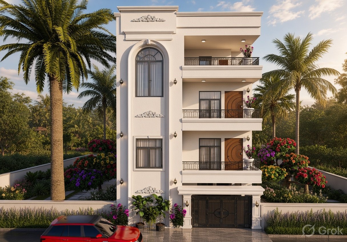 Neo-classical white residence with an arched feature window, decorative mouldings, wall lanterns and black railings