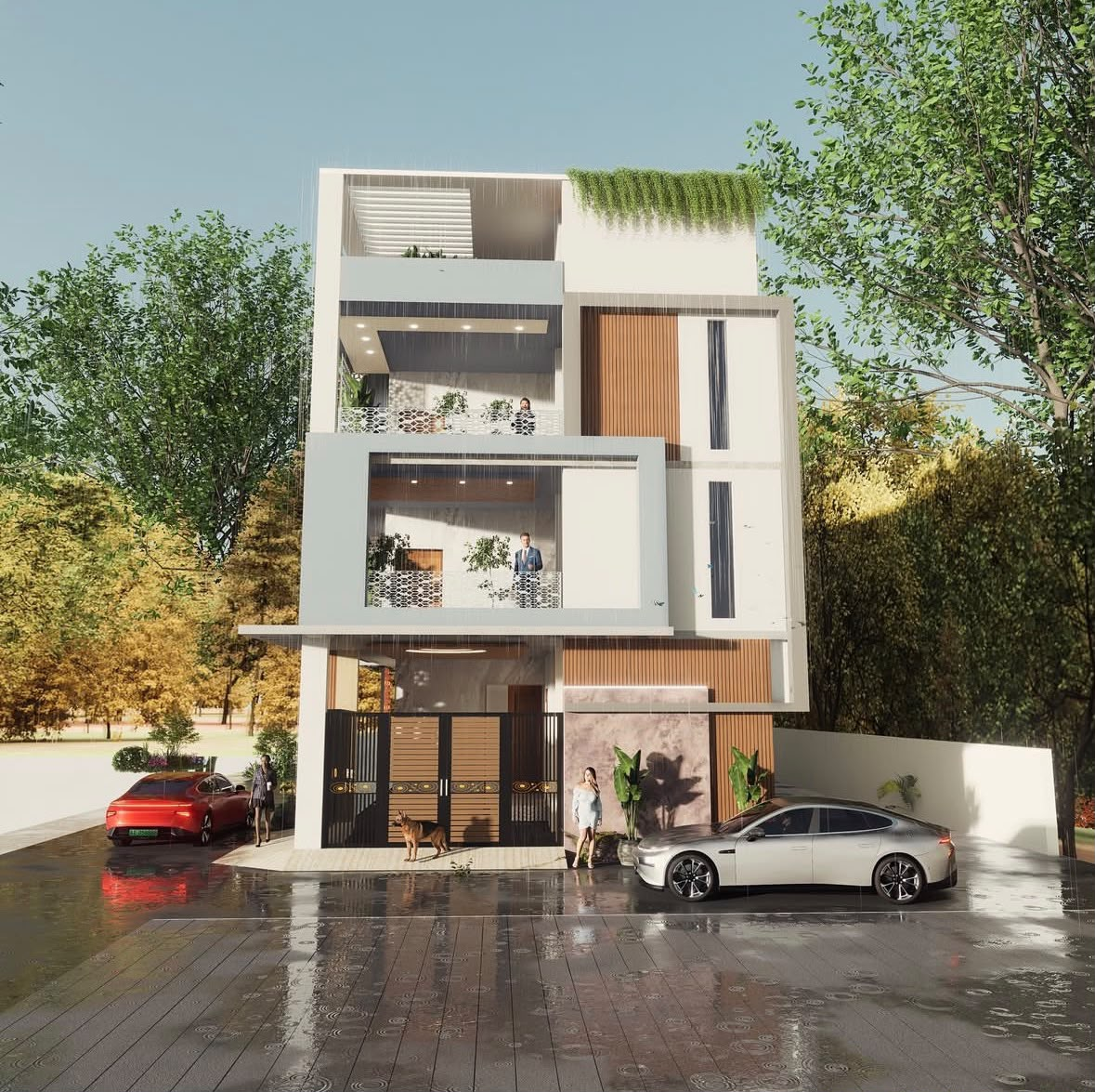 Three-storey house with white frames, timber cladding, jali balcony railings and rooftop greenery