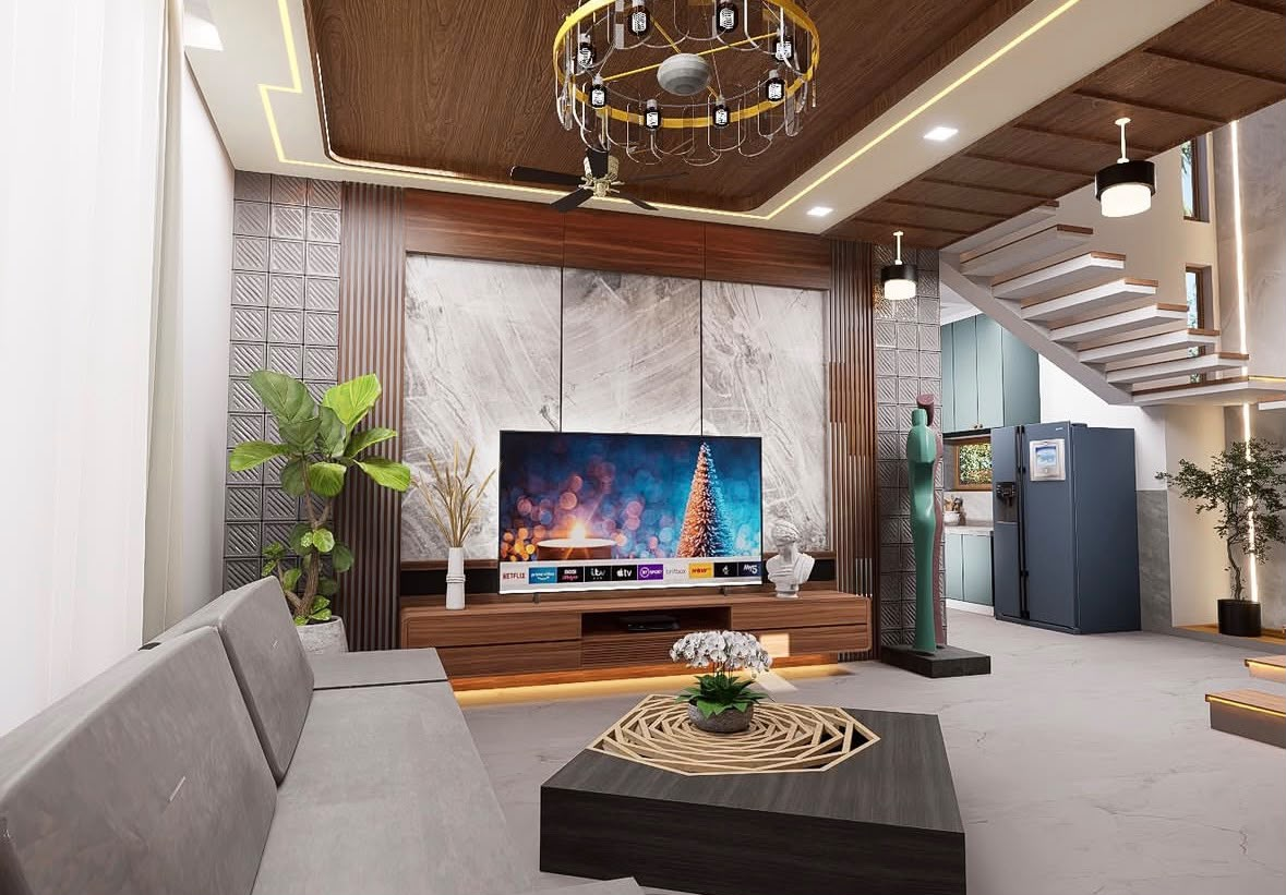 Living room with a marble-panel TV wall, walnut cabinetry, a wooden ceiling and a gold chandelier