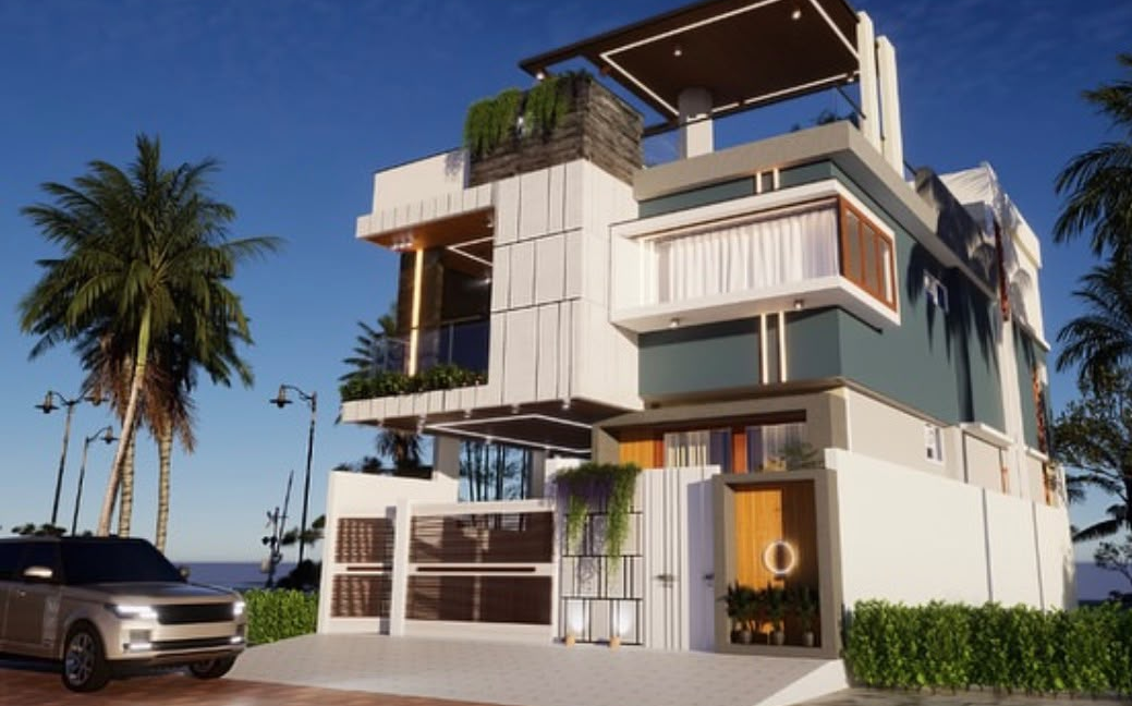 Modern villa with white cladding, teal walls, a rooftop pergola and a timber gate