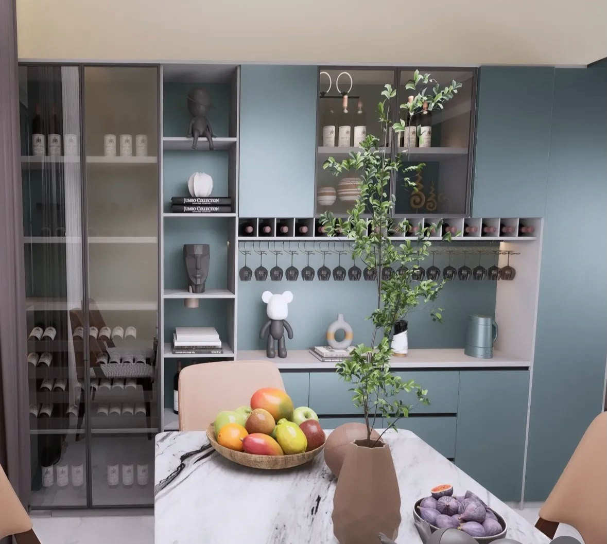 Dining area with a teal crockery unit, glass cabinets, wine racks and a marble table