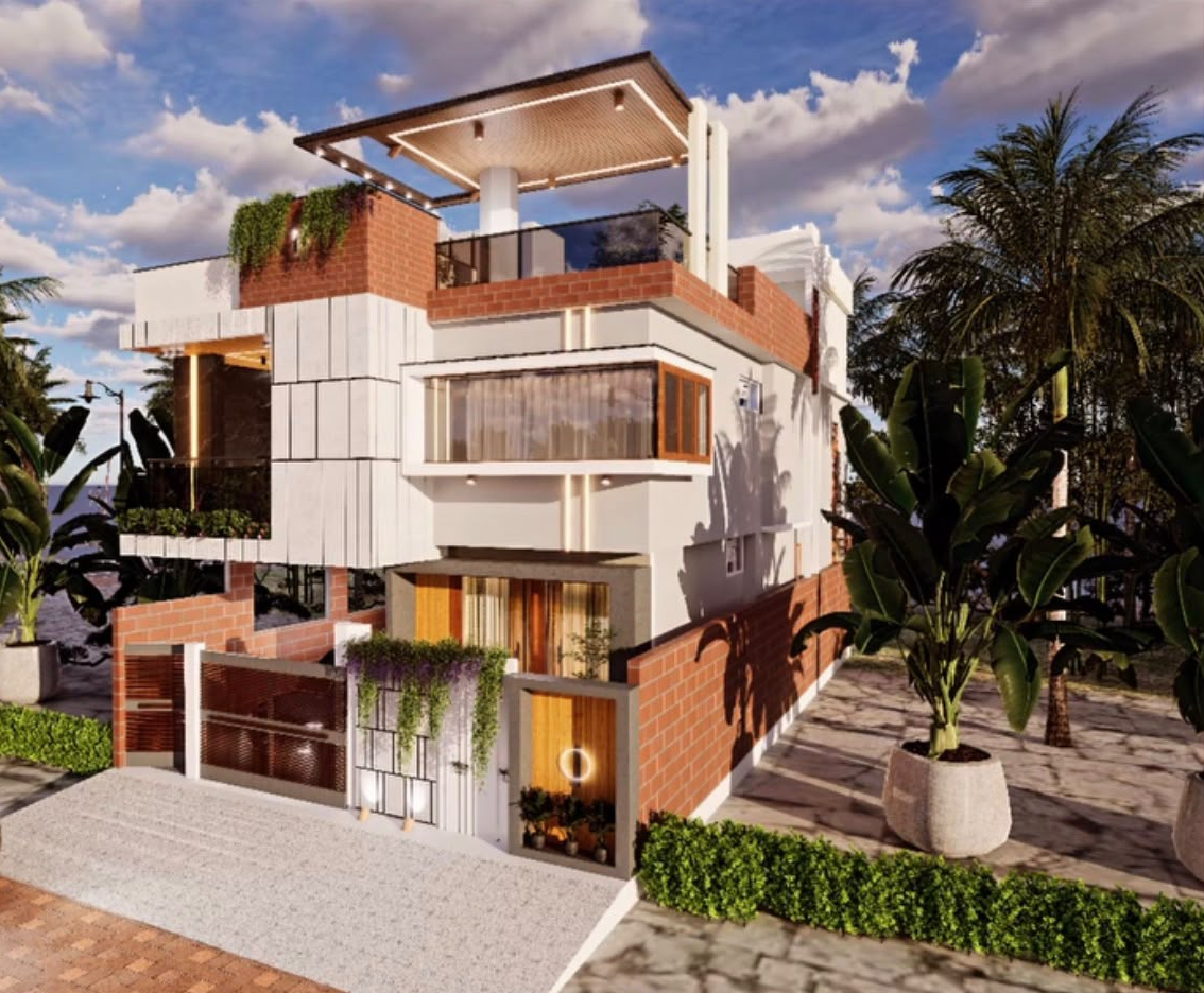 House with exposed brick walls, white cladding, a timber pergola and a landscaped entrance