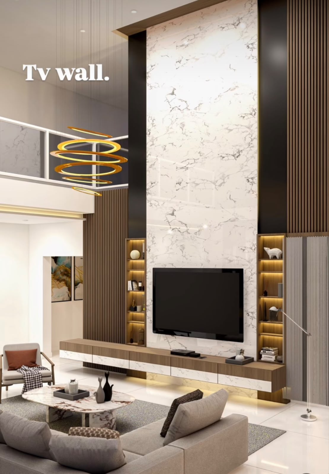 Double-height living room with a marble TV wall, walnut fluted panels, lit niches and a gold ring chandelier
