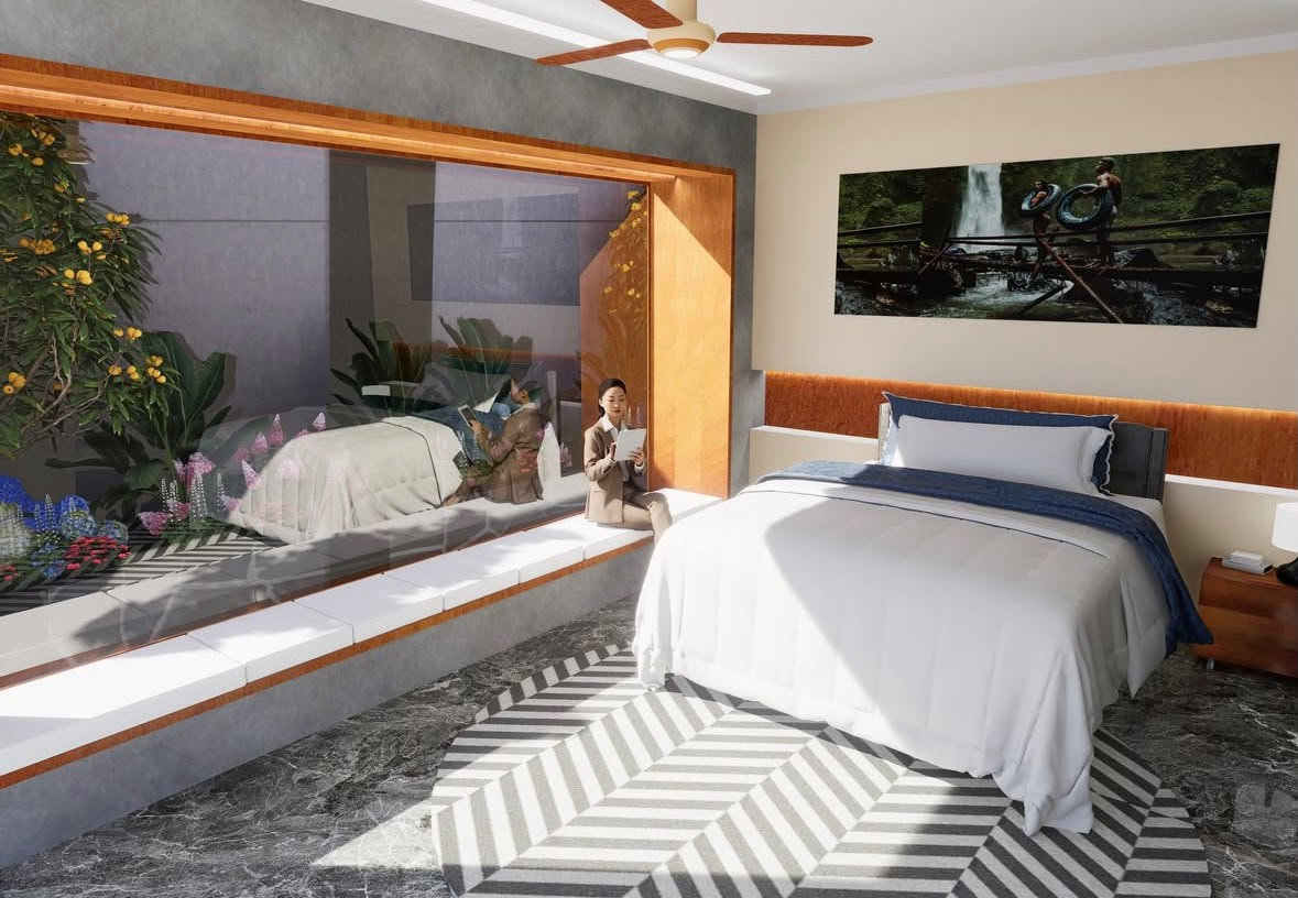 Bedroom with a window seat looking onto an indoor garden, a timber frame and a herringbone rug