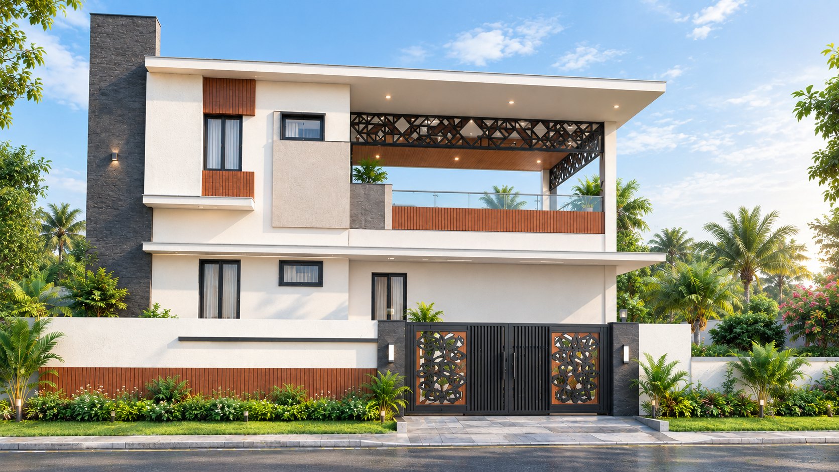 Two-storey modern house with a black stone chimney wall, timber slat accents, a pergola terrace and a laser-cut jaali gate