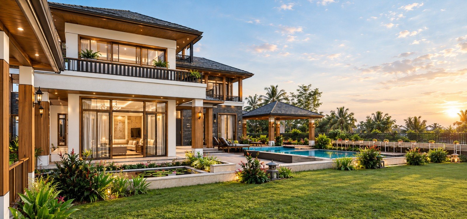 Villa with timber columns and wide glass doors opening onto a lawn, lily pond and swimming pool at sunset
