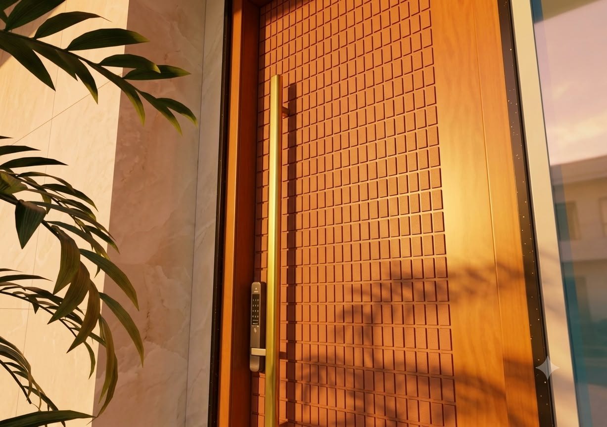 Close-up of a timber main door with a raised square-grid pattern, a tall brass pull handle and a digital smart lock