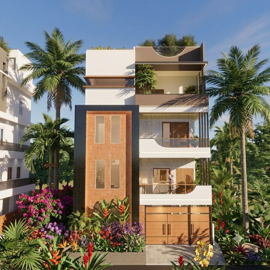 Four-storey townhouse with a copper-toned stair tower, curved white balconies, a timber garage door and a lush tropical front garden